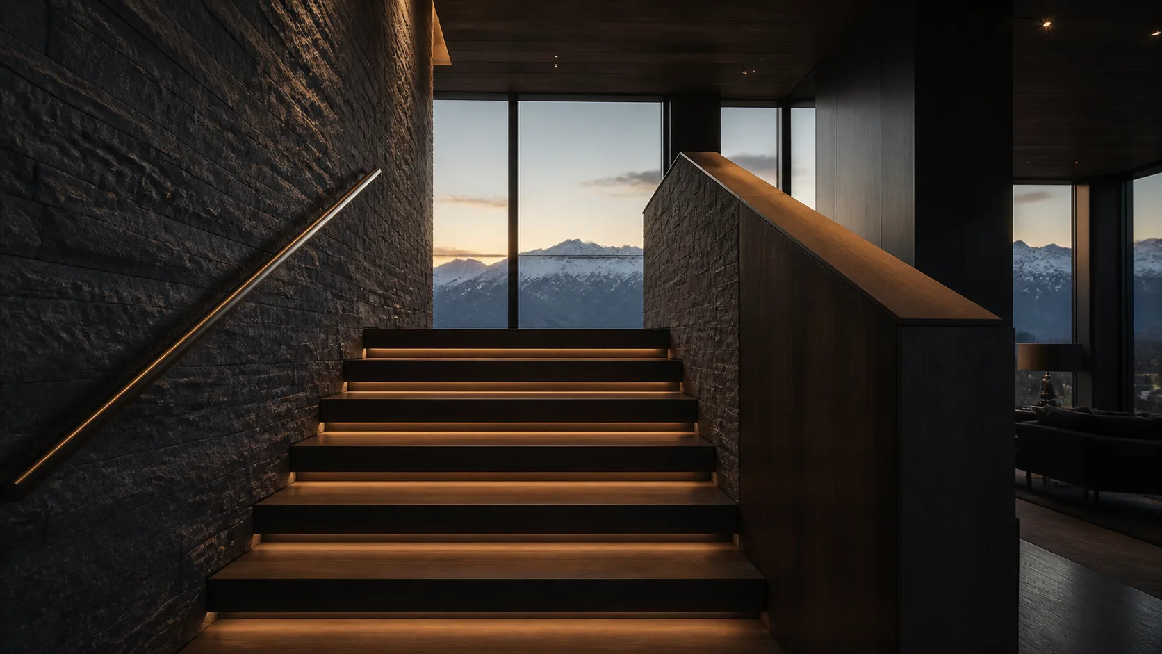 Beleuchtete Treppe mit Alpenblick als Symbol für langfristige Vorsorge